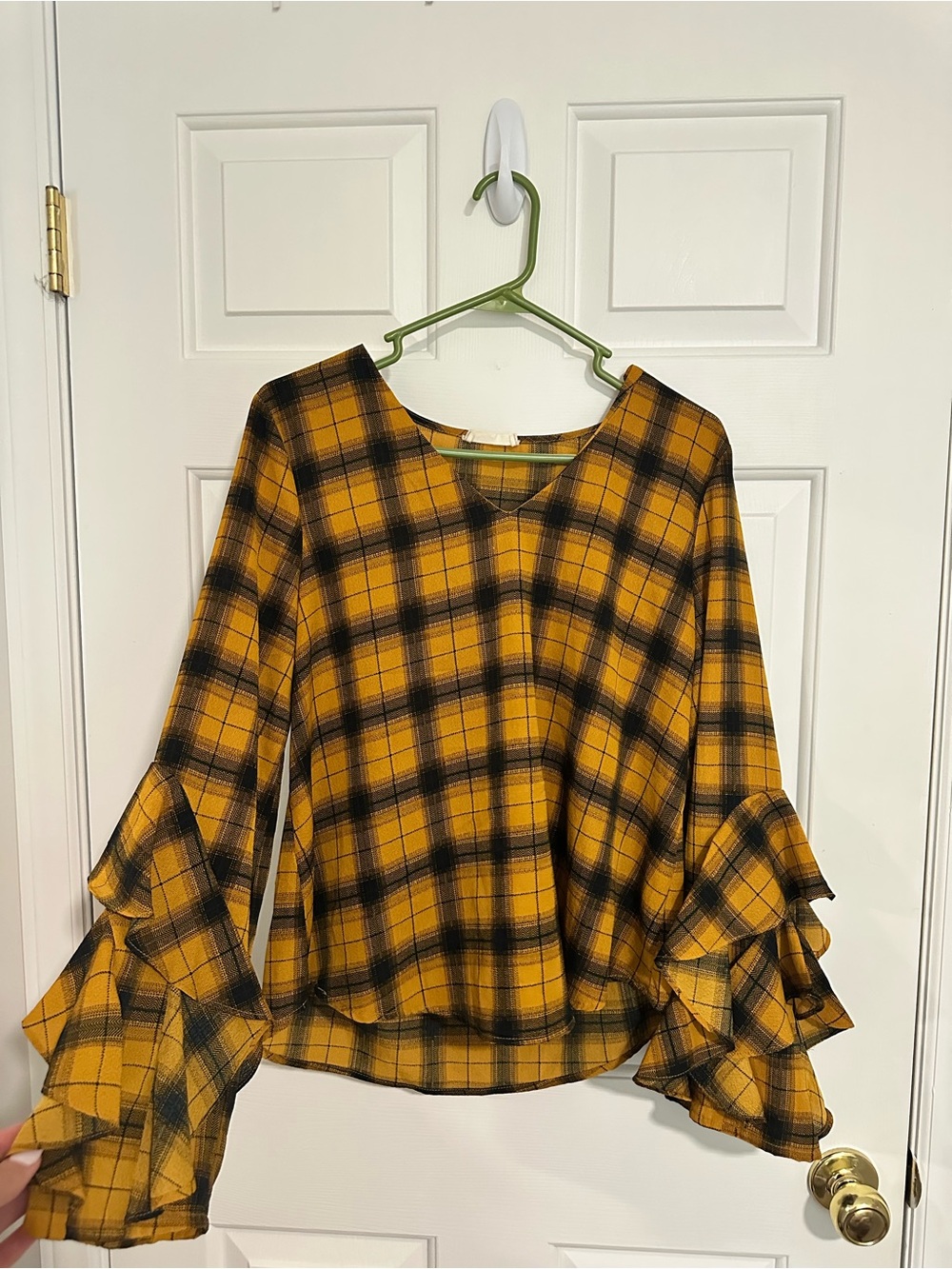 Altar'd State Mustard Plaid Ruffle Sleeve Blouse